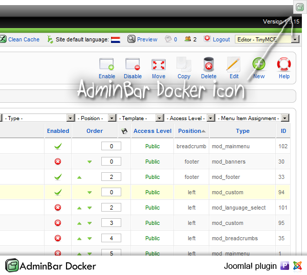 AdminBarDocker - админ панель joomla