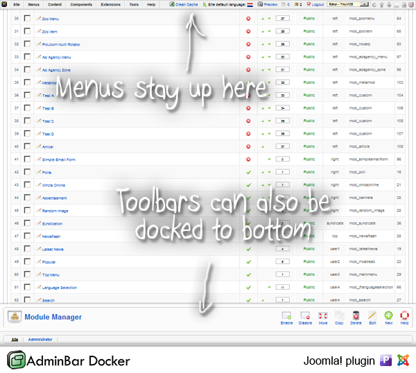 AdminBarDocker - админ панель joomla