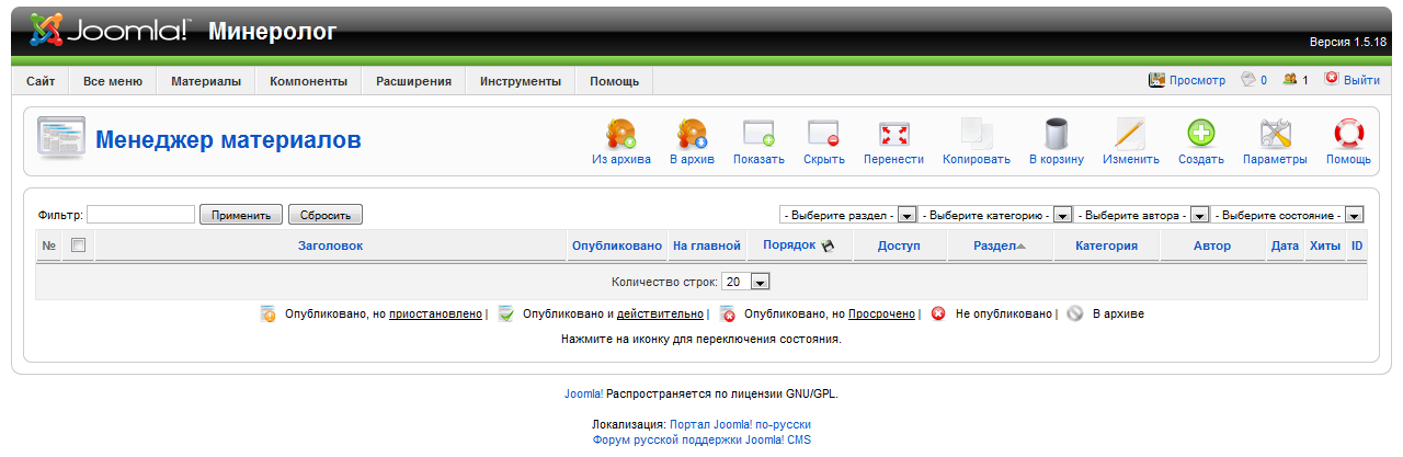 Управление материалами в Joomla CMS